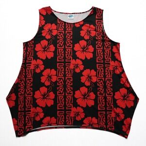 Hula Bay Tank Top Women 2XL Red Black Floral Hibiscus Tribal Print Sleeveless